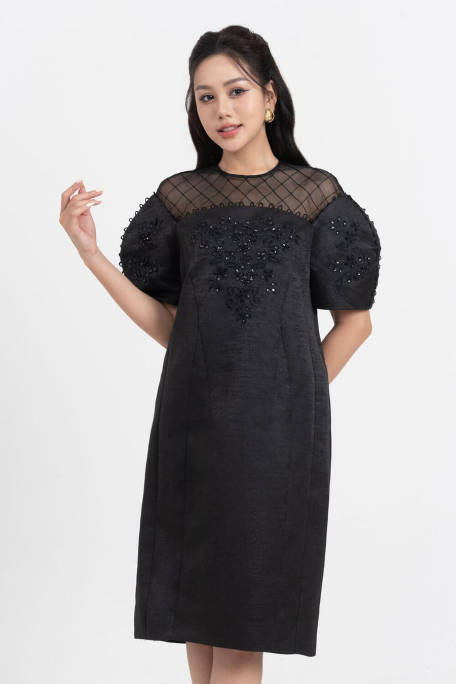 Celestia Cocoon Round Neck Taffeta Below The Knee Dress 15