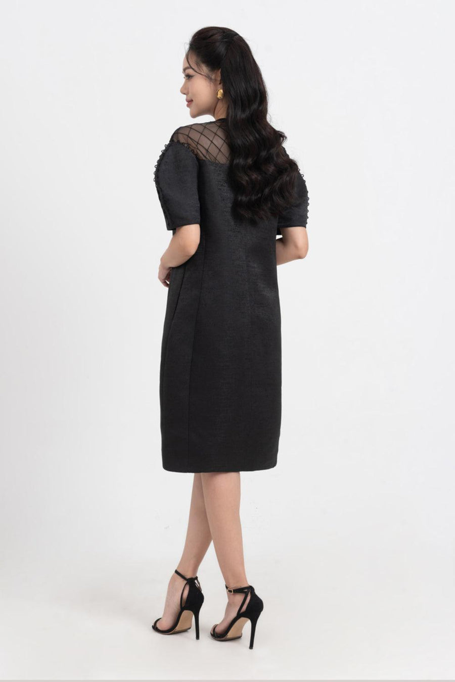 Celestia Cocoon Round Neck Taffeta Below The Knee Dress 16