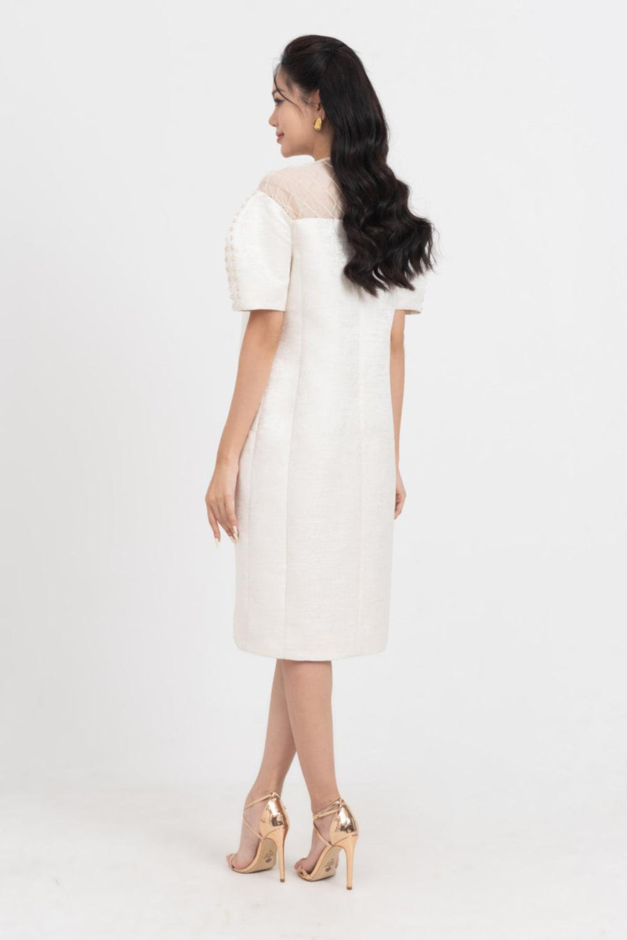 Celestia Cocoon Round Neck Taffeta Below The Knee Dress 8