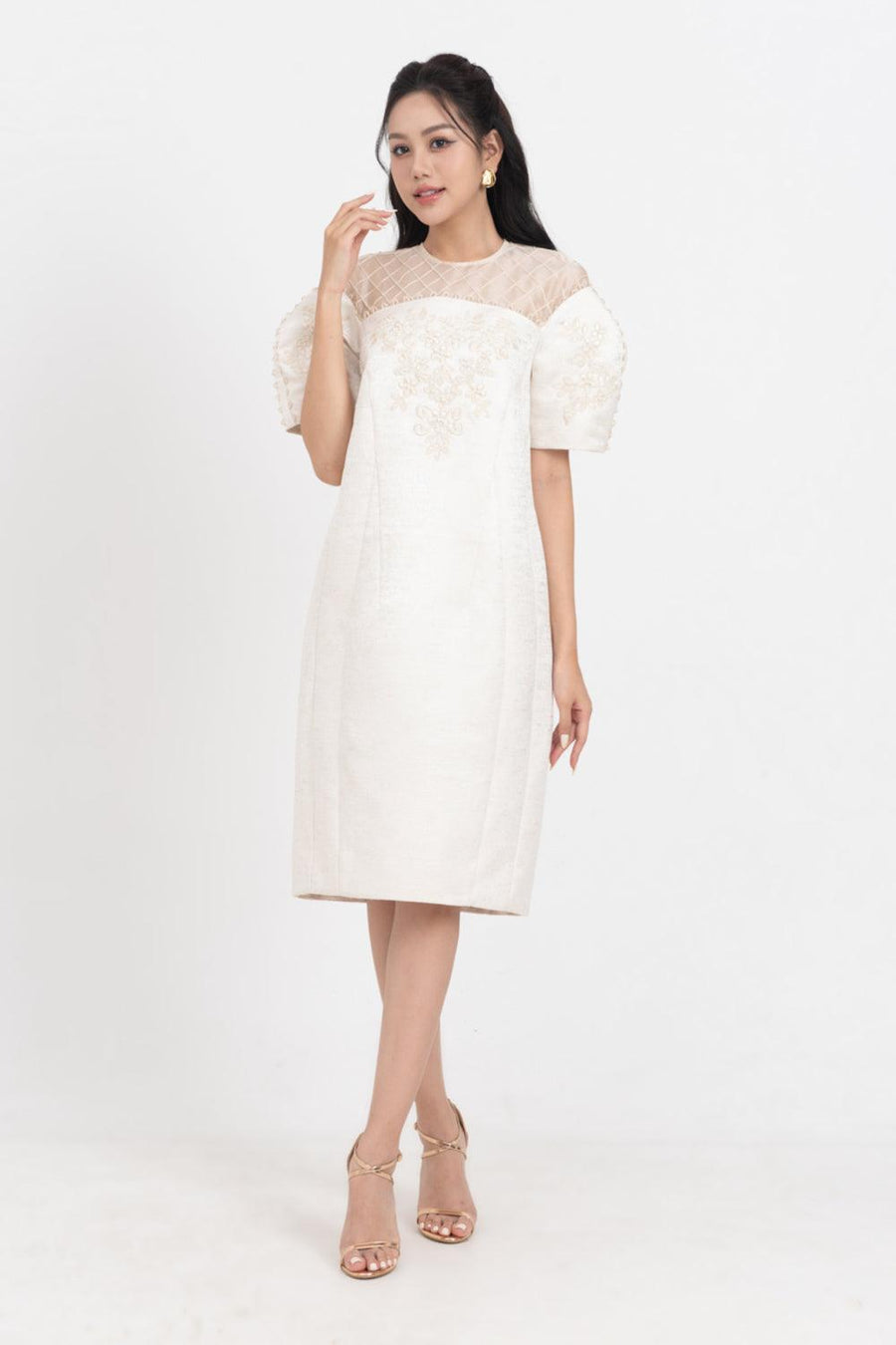 Celestia Cocoon Round Neck Taffeta Below The Knee Dress 9