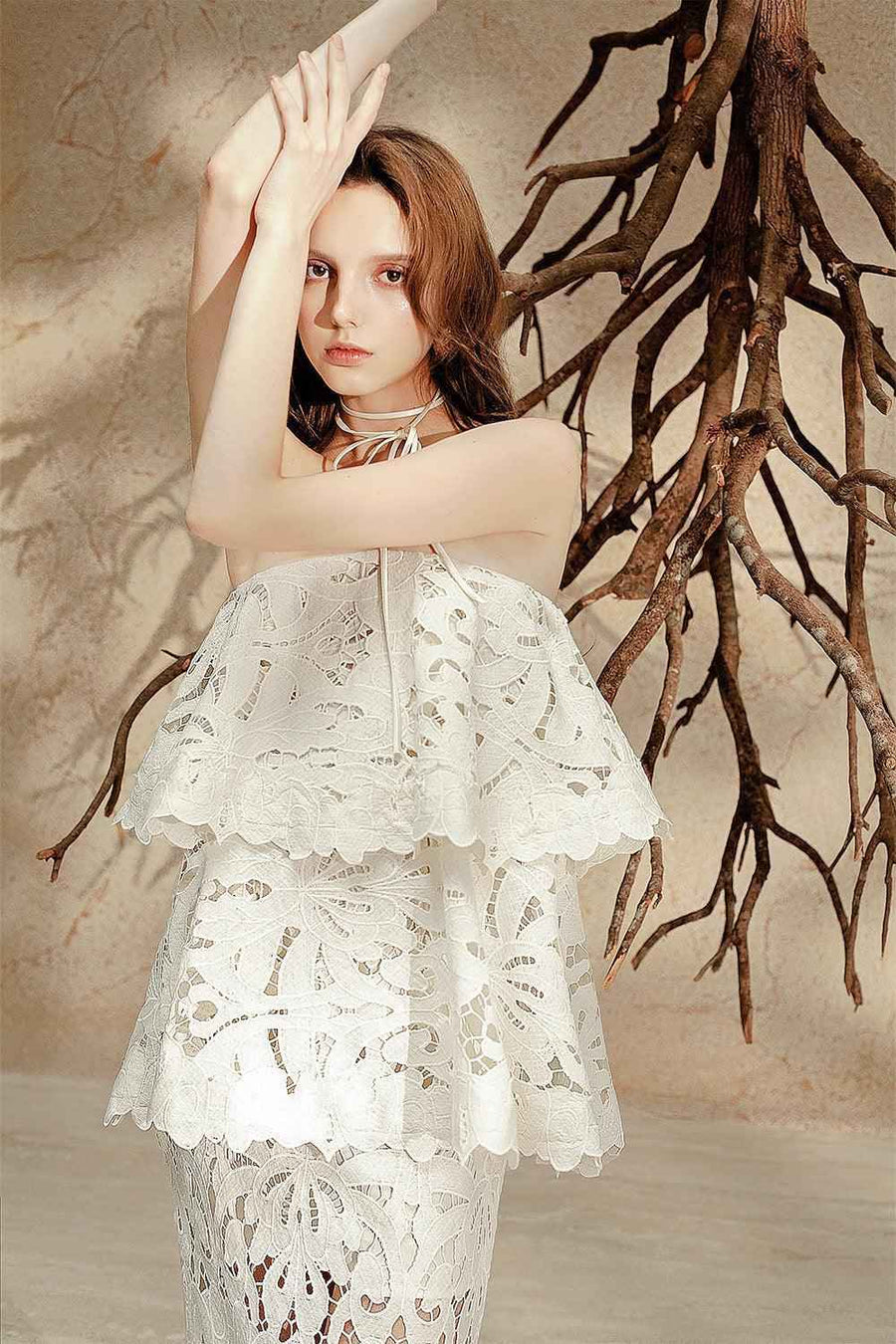 Celina Layered Straight Across Neck Cotton Lace Floor Length Dress