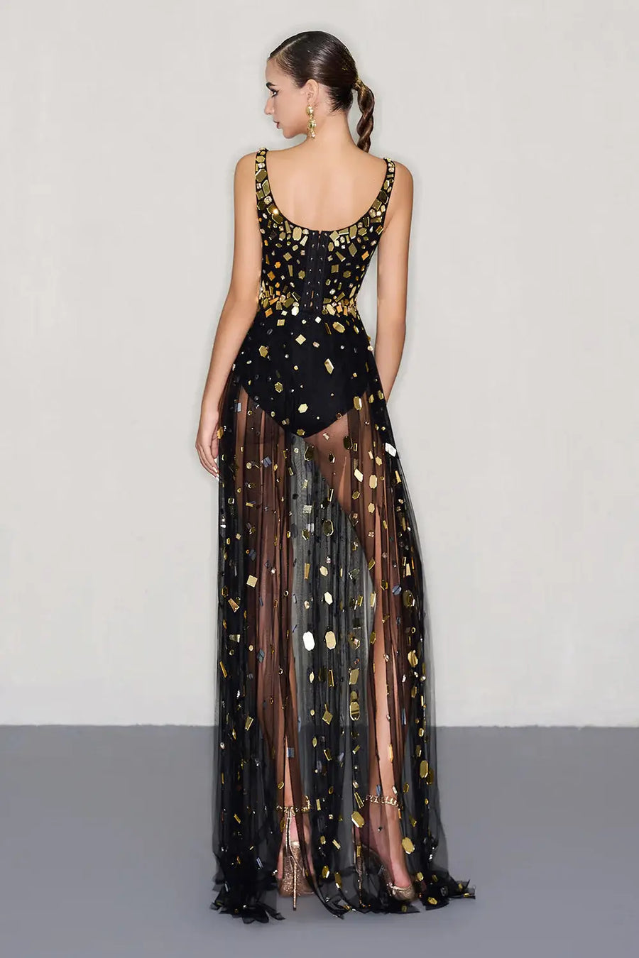 CEM Collection Black Sequined Slit Evening Gown Back View – RESSALINA