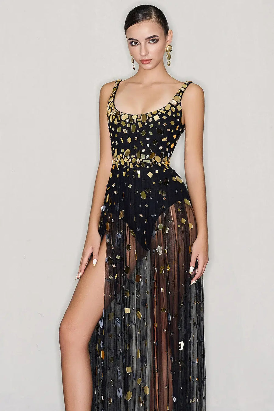 CEM Collection Black Sequined Slit Evening Gown Close-Up – RESSALINA