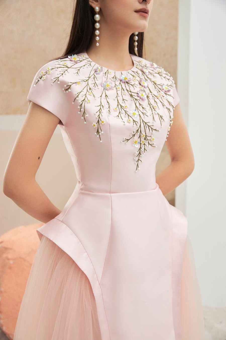Cewe A-line Round Neck Mesh Taffeta Knee-length Dress 8