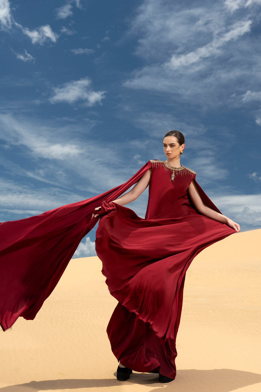 Rosalia Cape Straight Silk Maxi Dress Red Gown Dress CHANCOS
