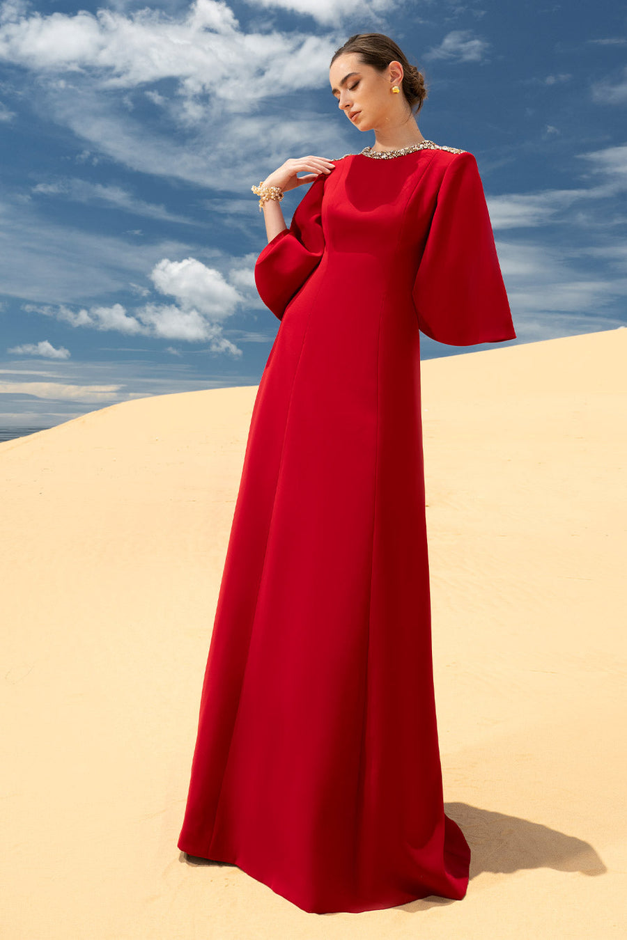Savanna A-line Bead Velvet Satin Maxi Dress Red Gown Dress CHANCOS