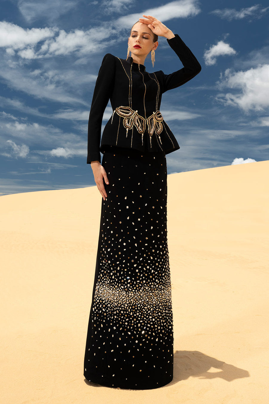 Ottavia Sheath Square Shoulder Velvet Satin Maxi Set Black Set CHANCOS