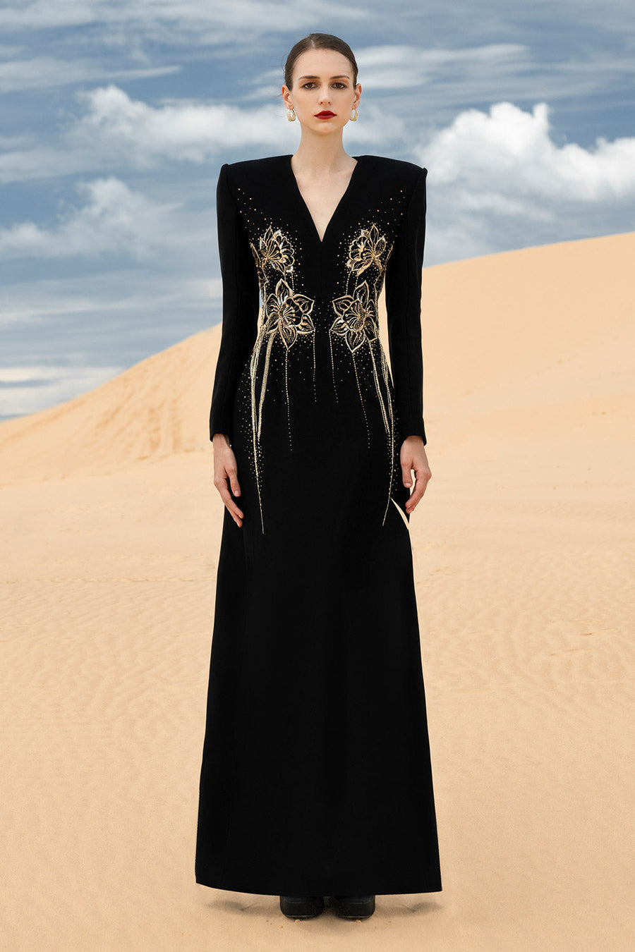 Carmela Sheath V-Neck Velvet Satin Maxi Dress Gown Dress CHANCOS