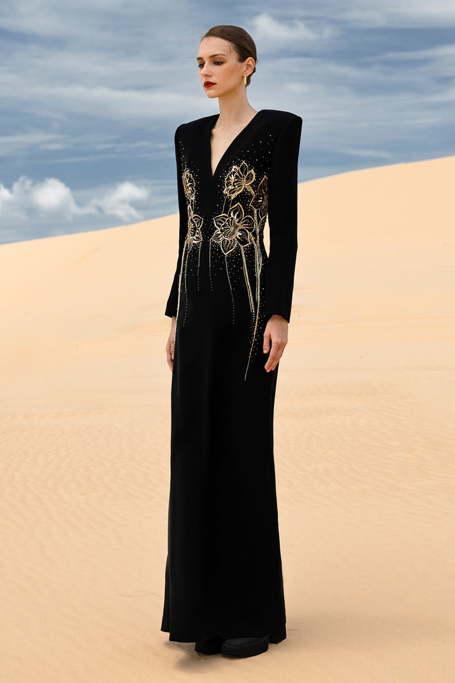 Carmela Sheath V-Neck Velvet Satin Maxi Dress Black Gown Dress CHANCOS