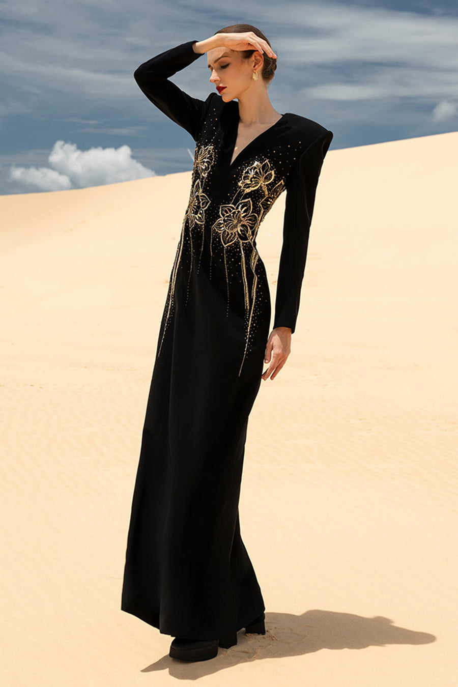 Carmela Sheath V-Neck Velvet Satin Maxi Dress Gown Dress CHANCOS