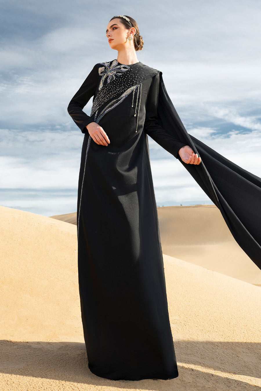 Antonia Straight Long Sleeved Taffeta Silk Maxi Dress Black Gown Dress CHANCOS
