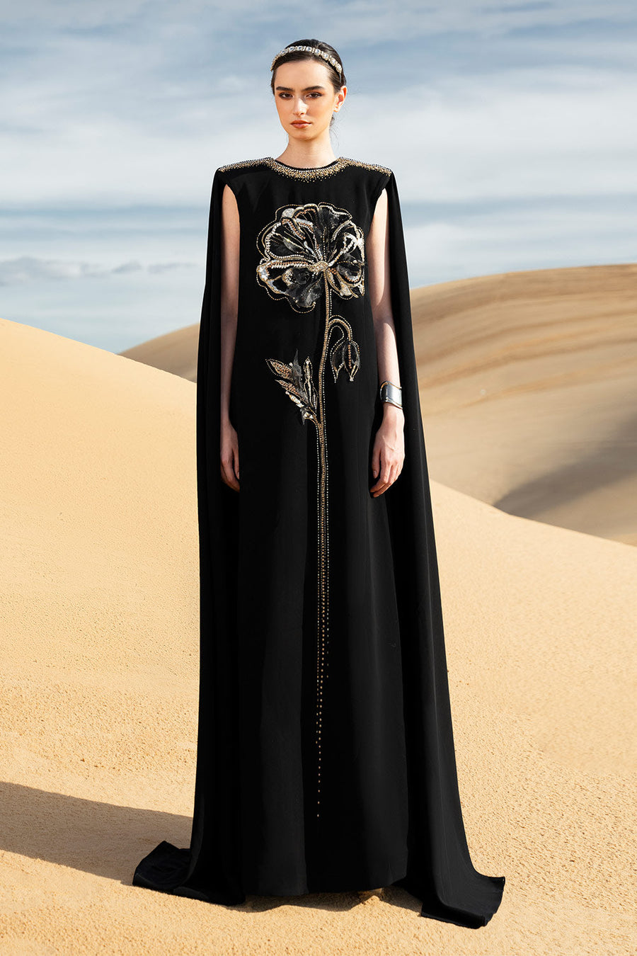 Stefania Cape Sleeveless Velvet Satin Maxi Dress Gown Dress CHANCOS