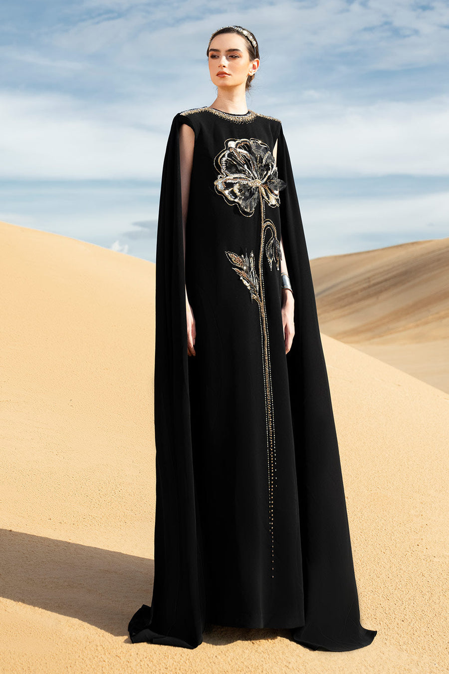 Stefania Cape Sleeveless Velvet Satin Maxi Dress Black Gown Dress CHANCOS