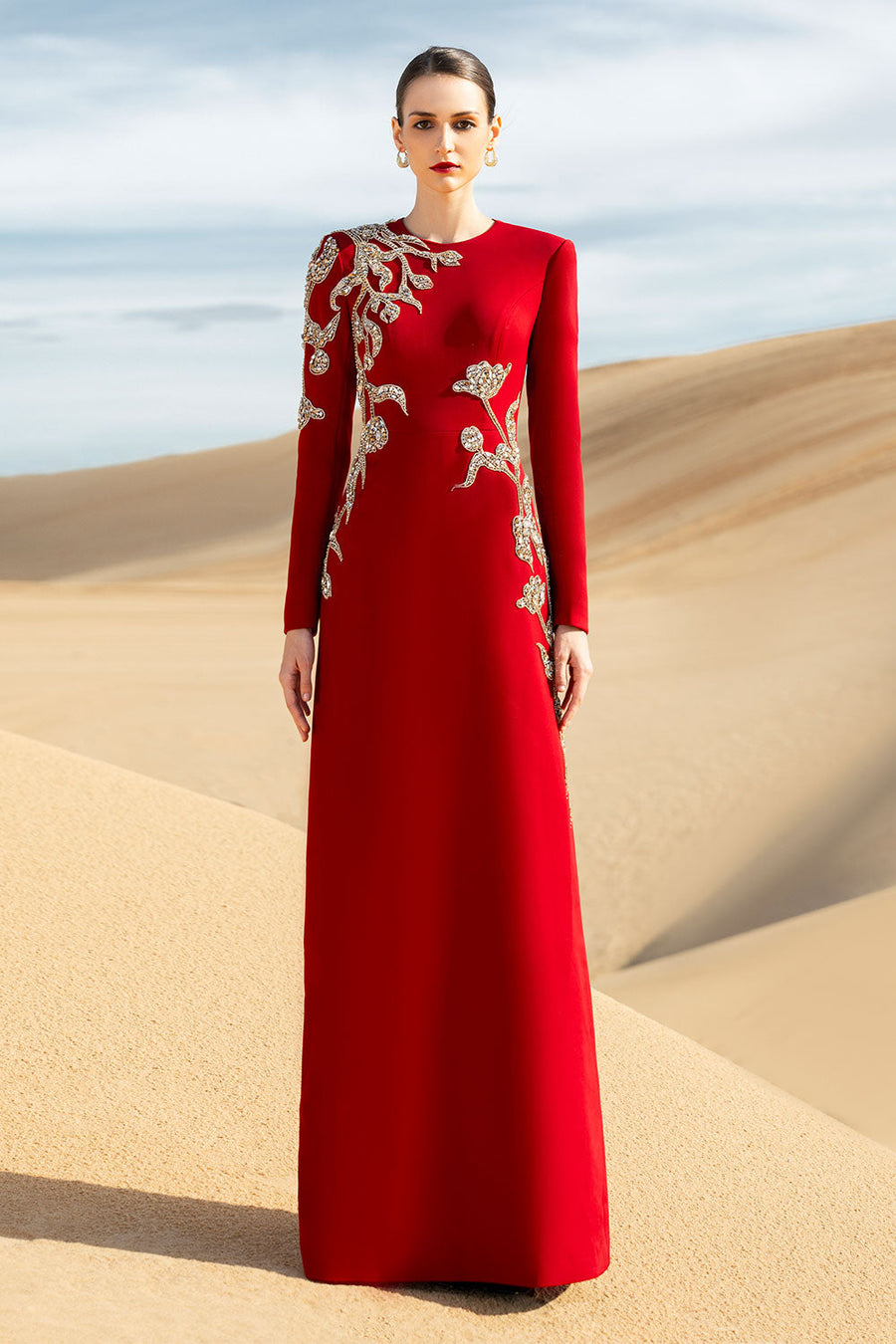 Matilde A-line Long Sleeved Velvet Satin Maxi Dress Gown Dress CHANCOS