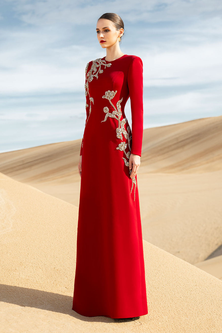 Matilde A-line Long Sleeved Velvet Satin Maxi Dress Red Gown Dress CHANCOS