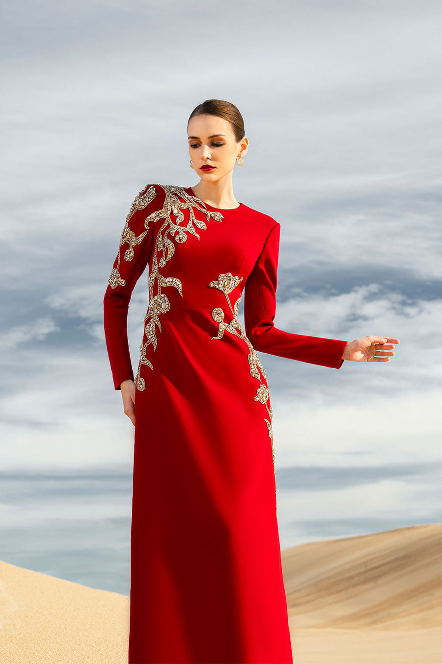 Matilde A-line Long Sleeved Velvet Satin Maxi Dress Gown Dress CHANCOS