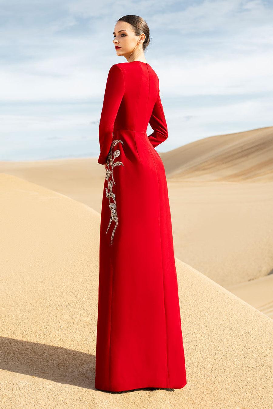 Matilde A-line Long Sleeved Velvet Satin Maxi Dress Gown Dress CHANCOS