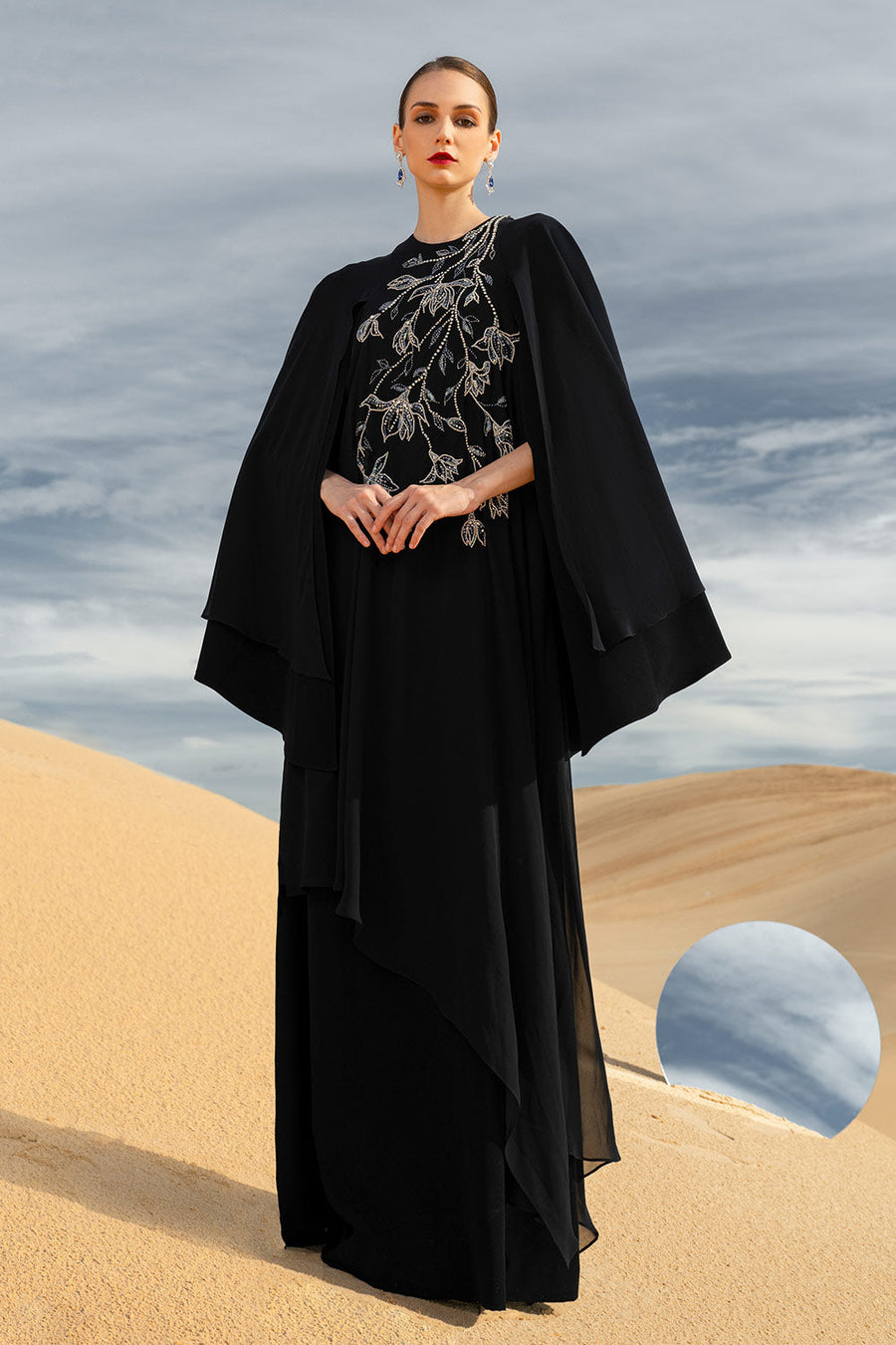 Malina Straight Cape Sleeved Chiffon Maxi Dress Black Gown Dress CHANCOS