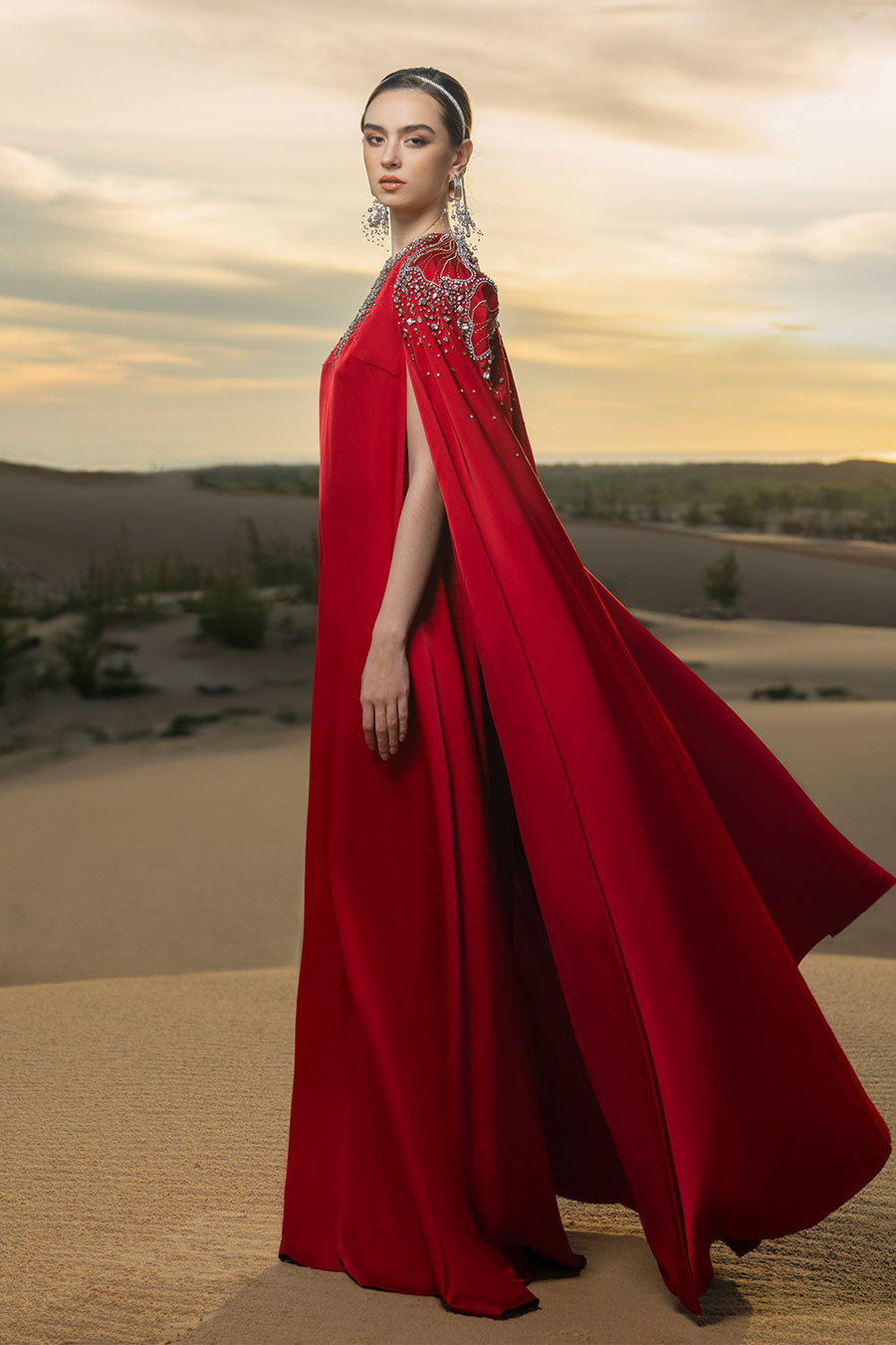 Sophistic Cape Keyhole Neck Velvet Satin Maxi Set Set CHANCOS