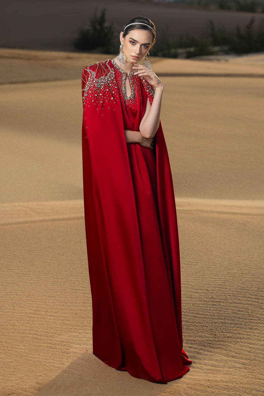 Sophistic Cape Keyhole Neck Velvet Satin Maxi Set Red Set CHANCOS