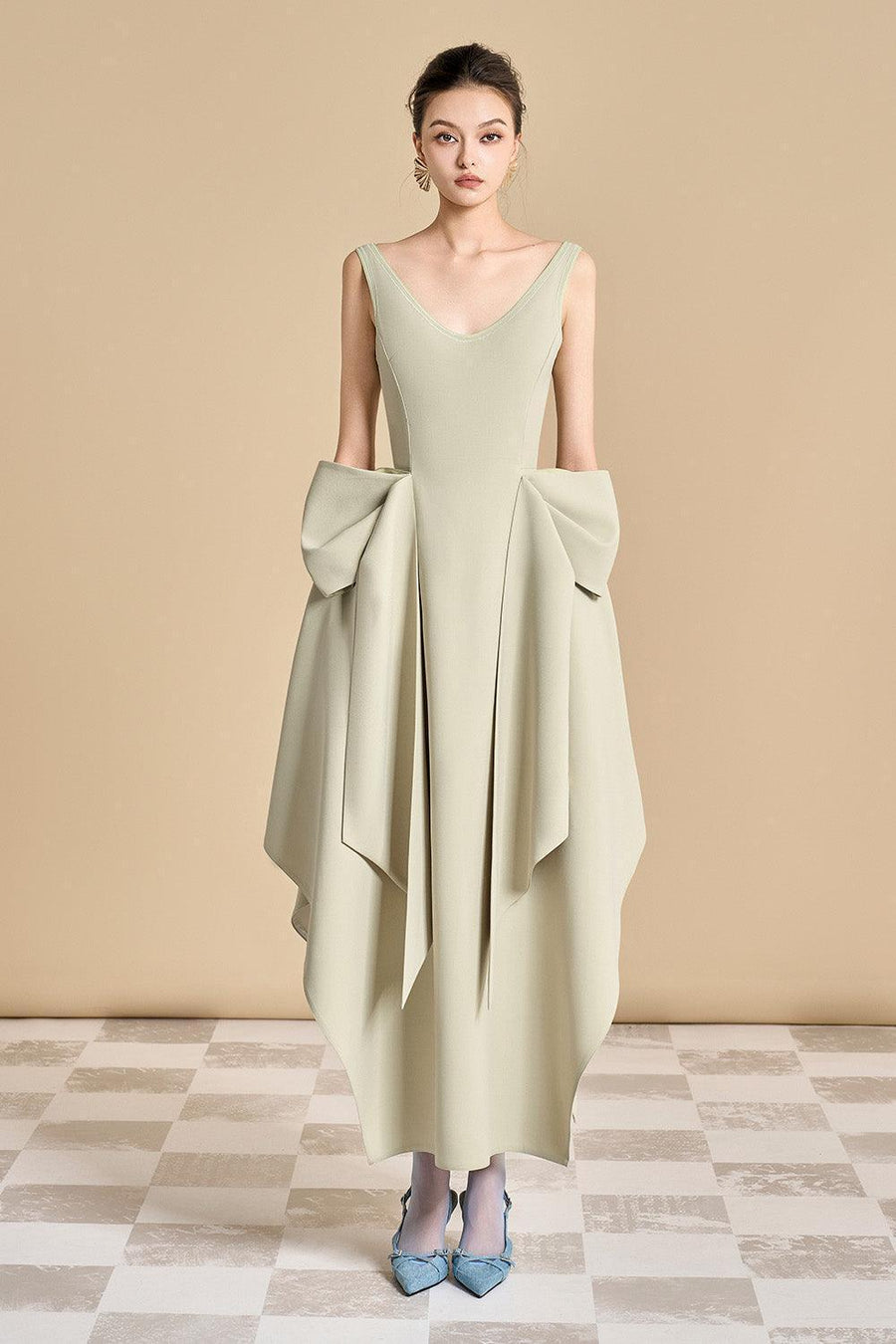 Chandler Asymmetric V-Neck Polyester Ankle Length Dress Light Olive Maxi Dress Maison des Copains