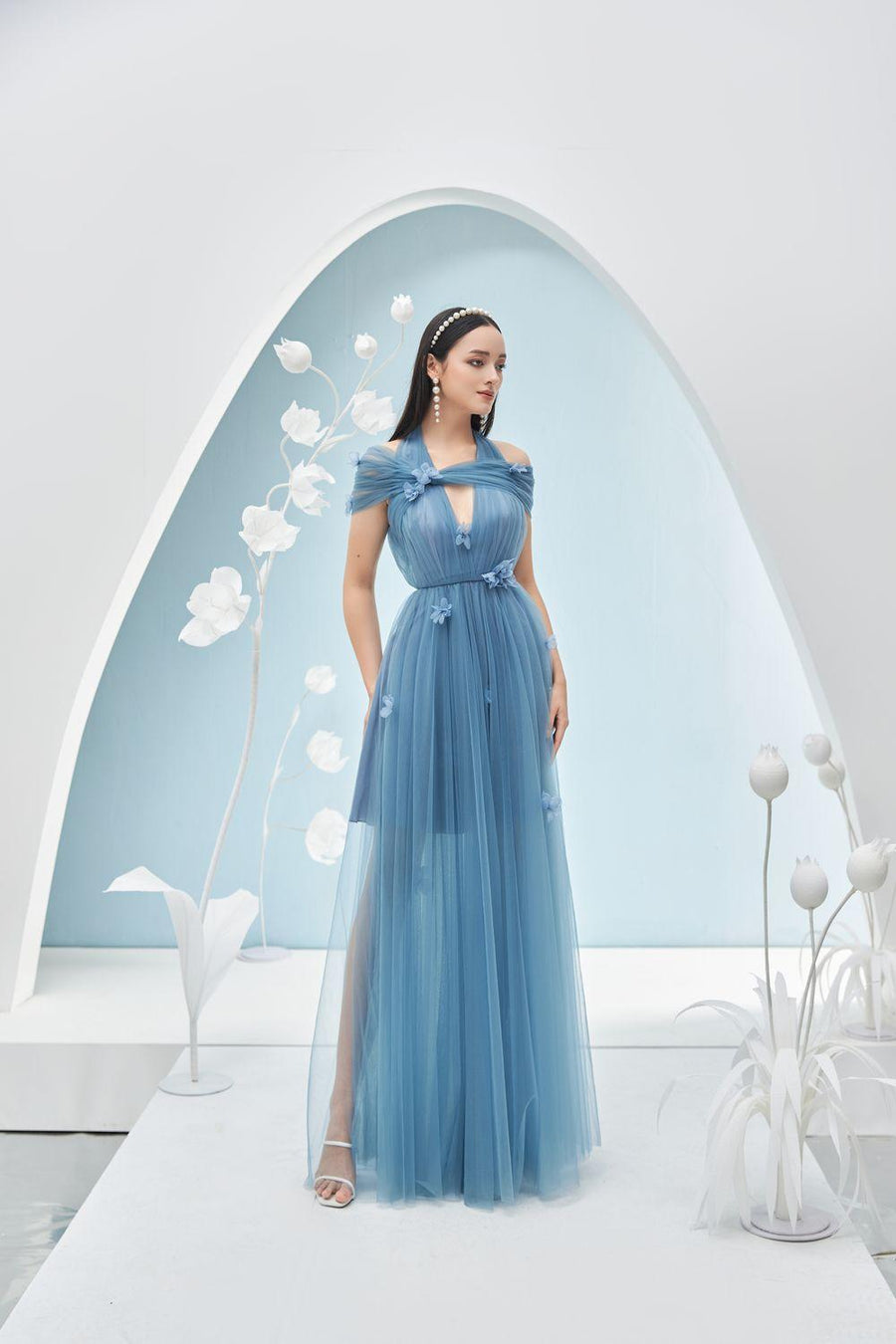 Chandler Pleated Halter Neck Mesh Sheer Maxi Dress 12