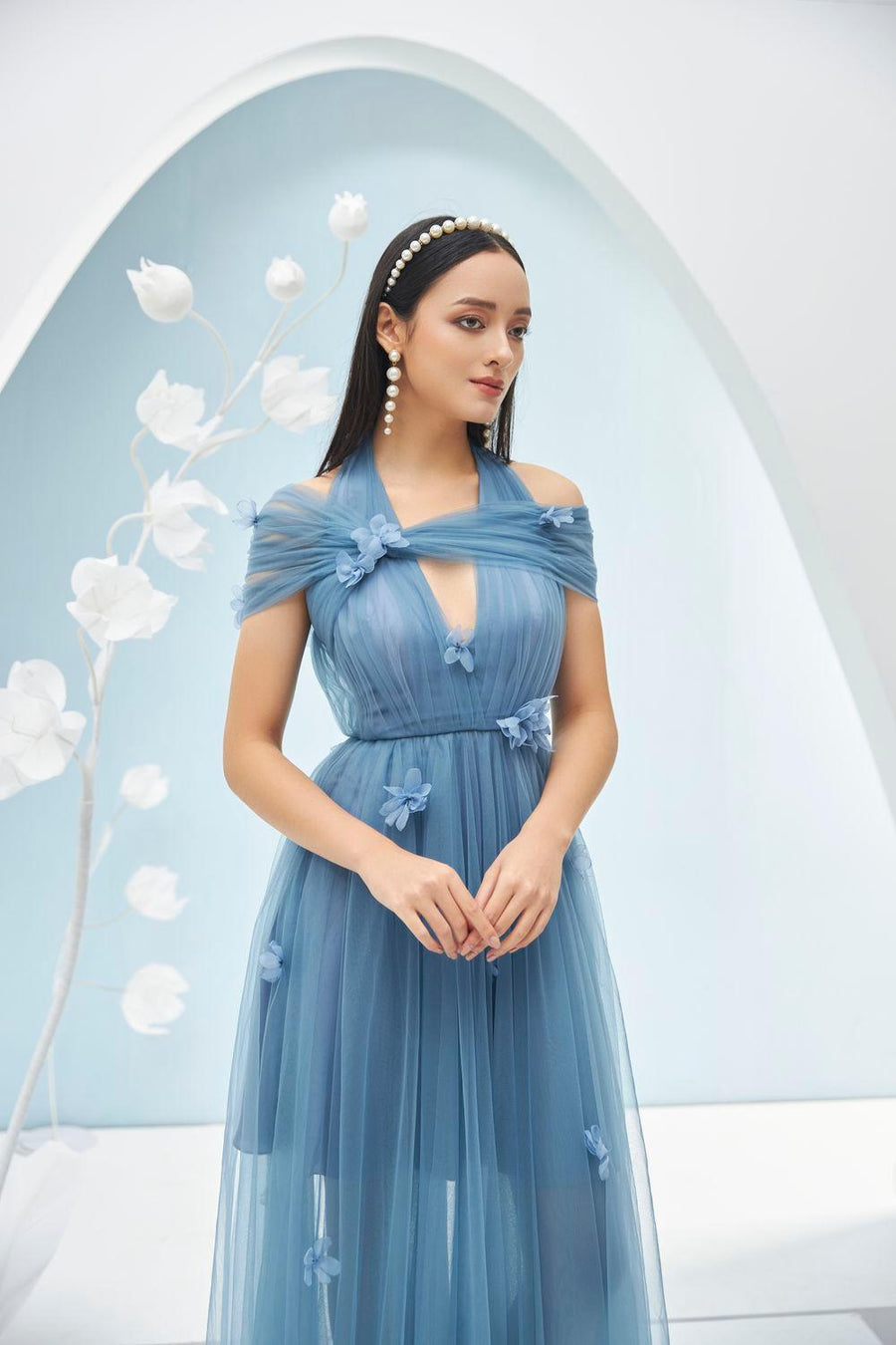 Chandler Pleated Halter Neck Mesh Sheer Maxi Dress 13