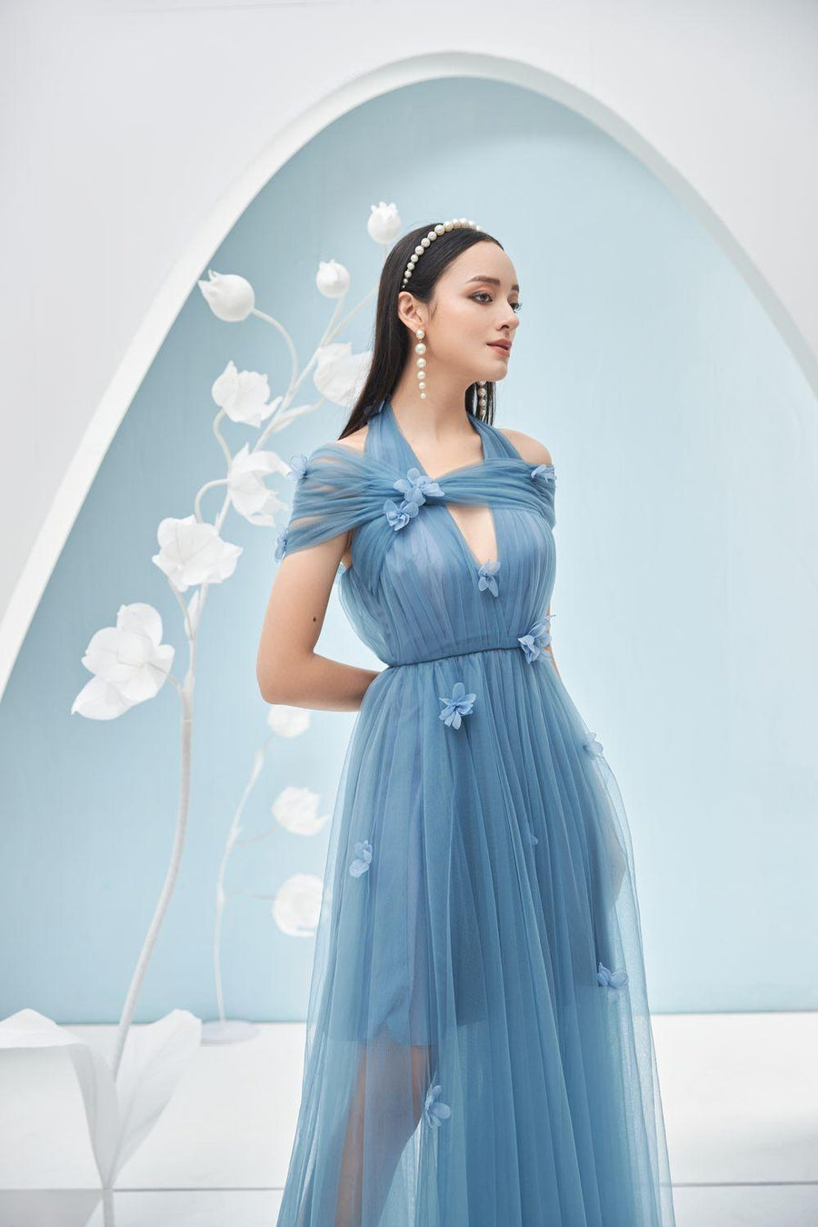 Chandler Pleated Halter Neck Mesh Sheer Maxi Dress 14
