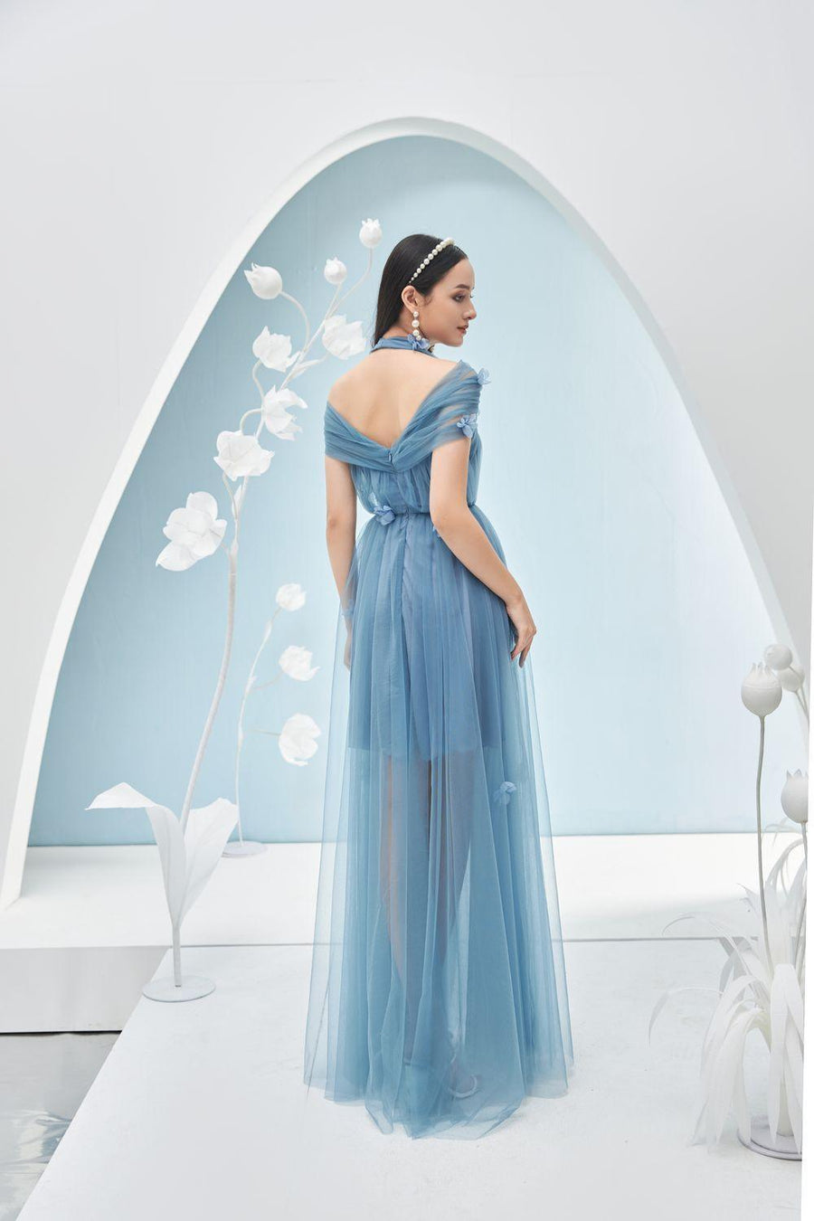 Chandler Pleated Halter Neck Mesh Sheer Maxi Dress 15