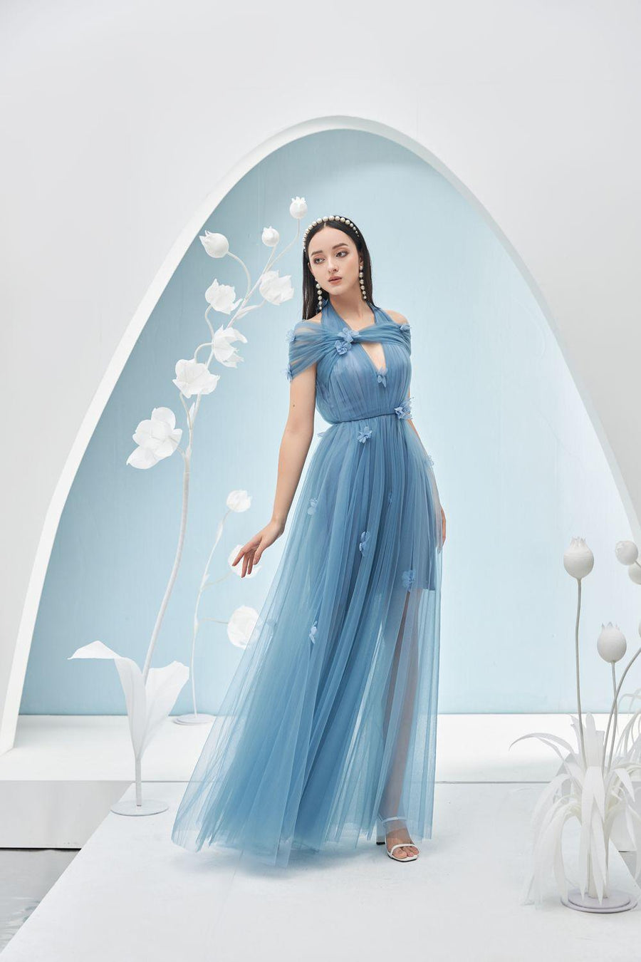 Chandler Pleated Halter Neck Mesh Sheer Maxi Dress 16