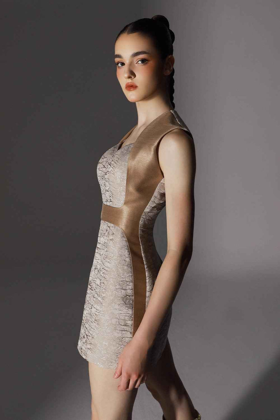 Charade Hourglass Queen Anne Neck Brocade Mini Dress
