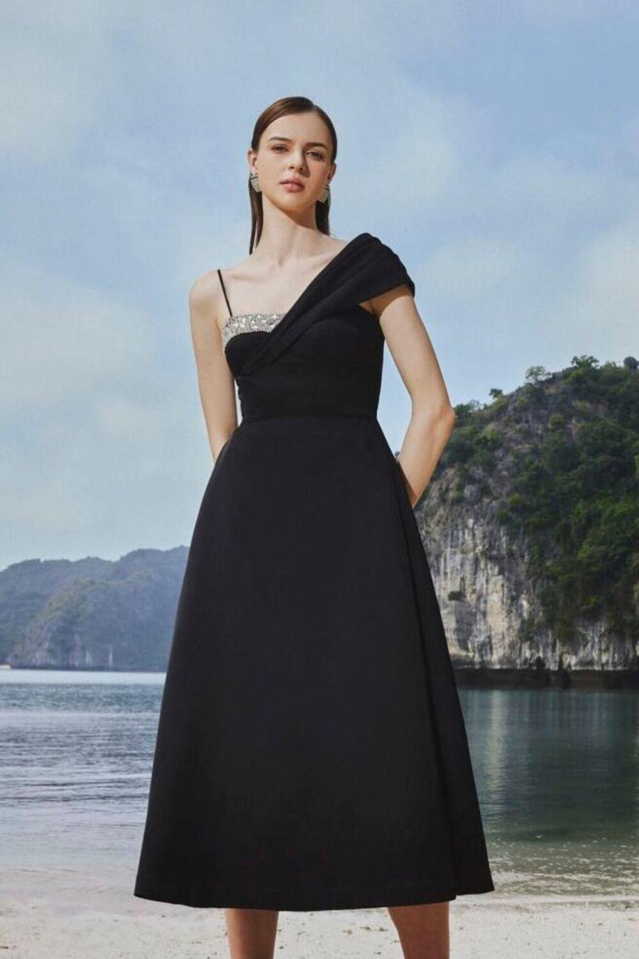 Charlotte A-line Asymmetric Taffeta Midi Dress Midi Dress TRACY STUDIO