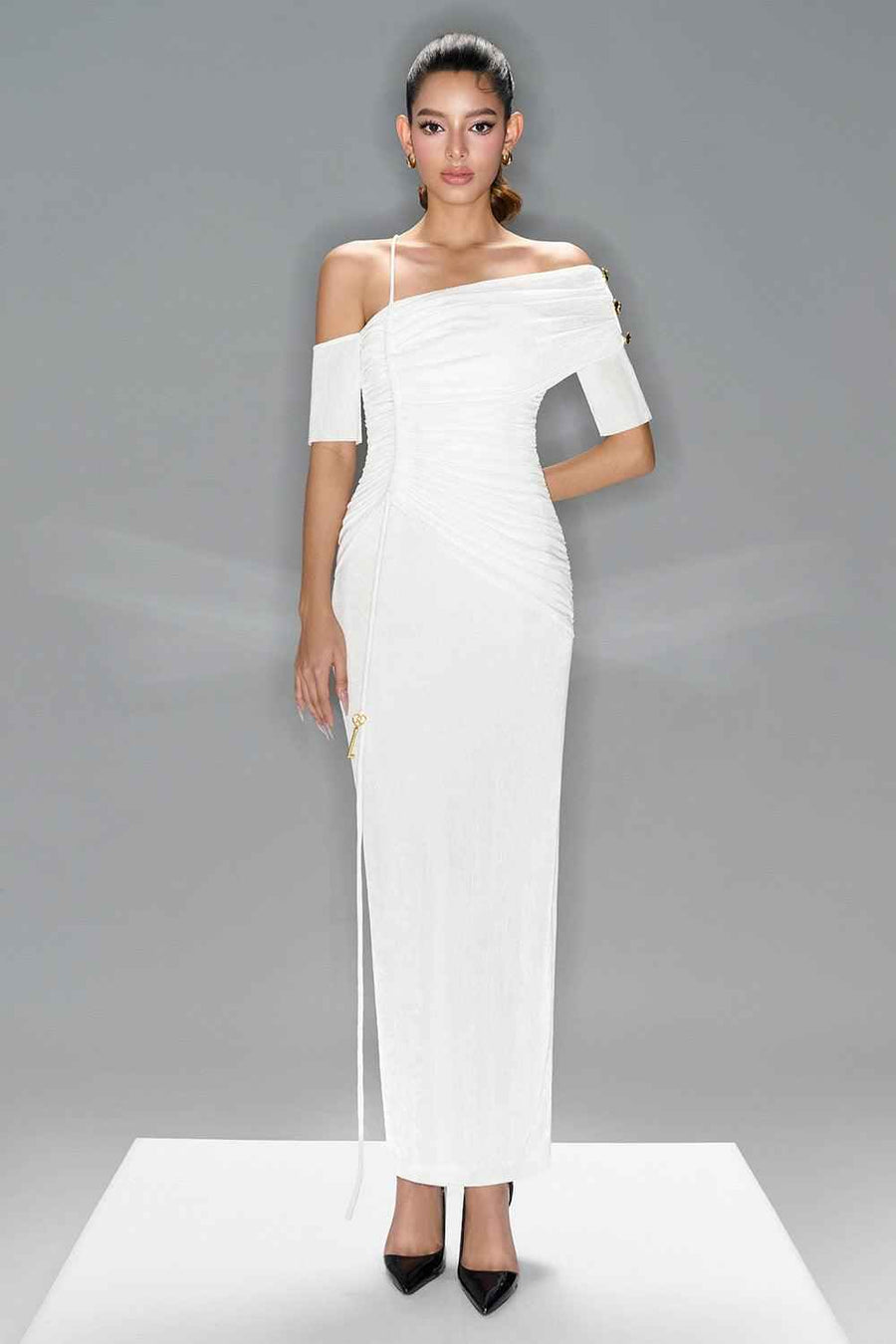 Charlotte Bodycon Gathered Spandex Ankle Length Dress White Maxi Dress LaLING