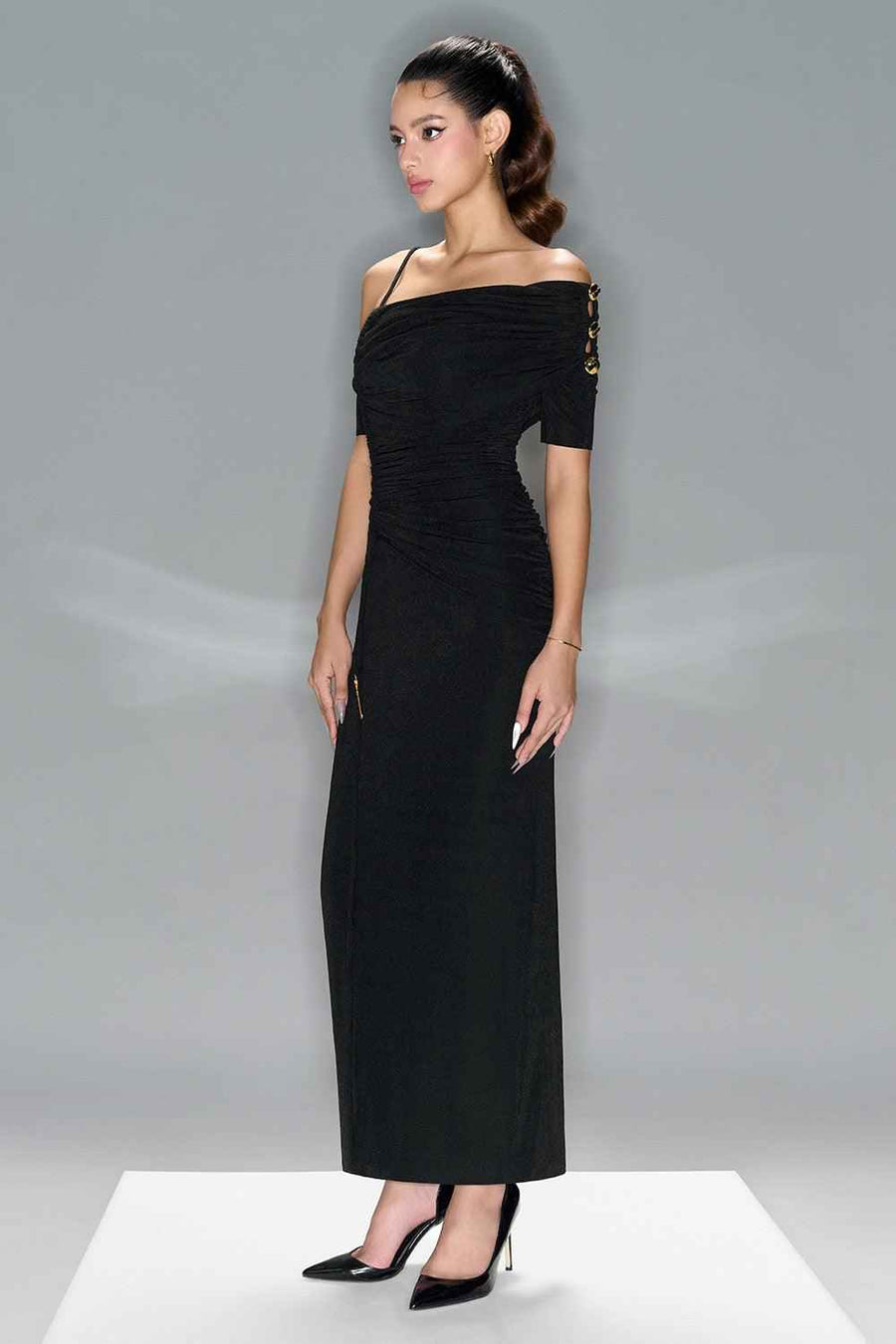 Charlotte Bodycon Gathered Spandex Ankle Length Dress Black Maxi Dress LaLING