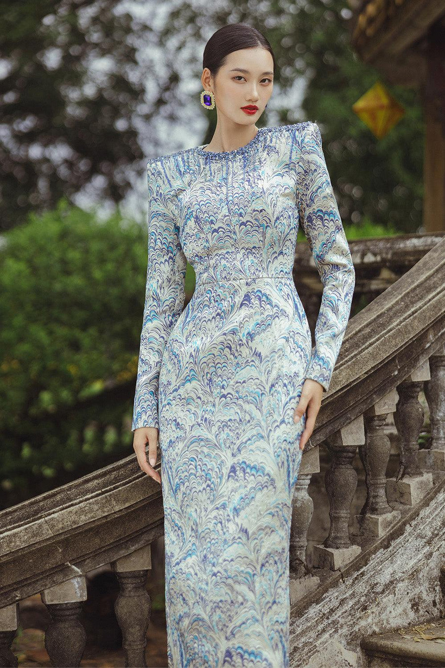 Charme Mysti Sheath Square Shoulder Brocade Ankle Length Dress Blue Brocade Maxi Dress CHANCOS