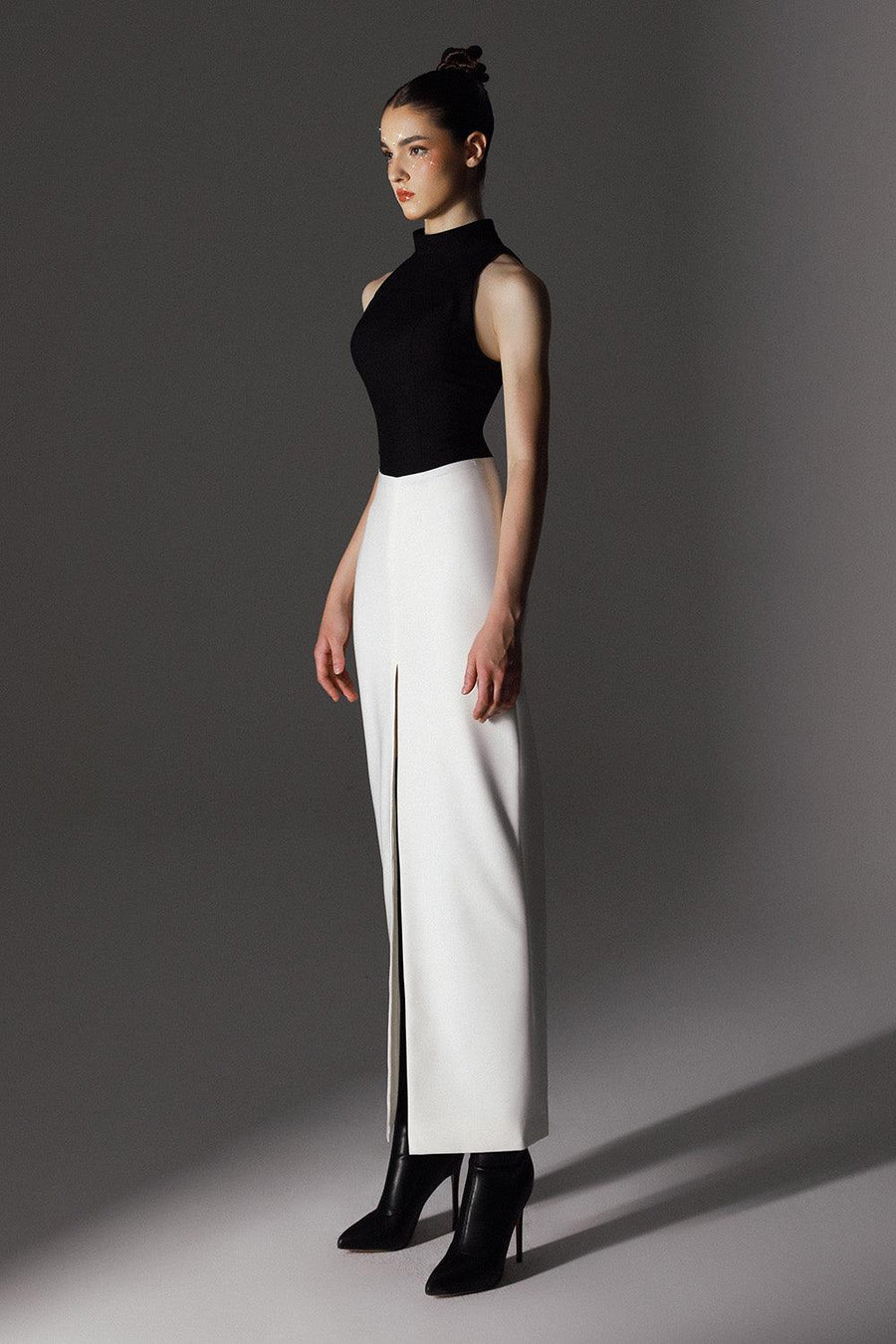 Charter Slit High Neck Wool Cotton Ankle Length Dress 4