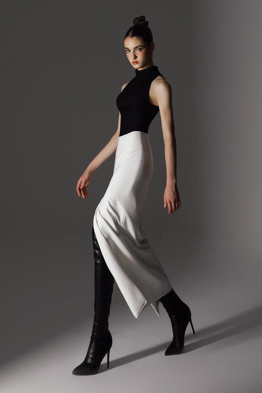 Charter Slit High Neck Wool Cotton Ankle Length Dress 5