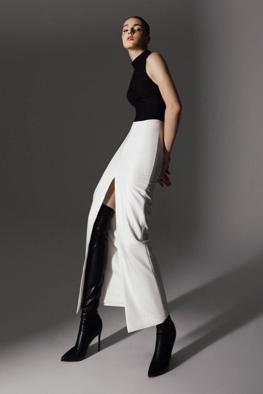 Charter Slit High Neck Wool Cotton Ankle Length Dress 6