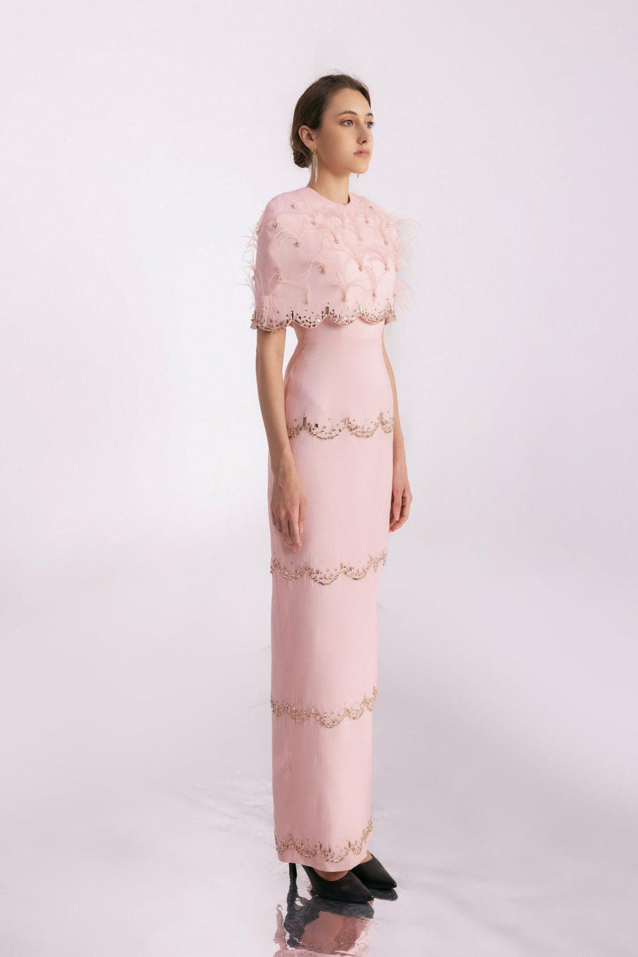 Chaya Sheath Round Neck Mesh Taffeta Floor Length Dress 14