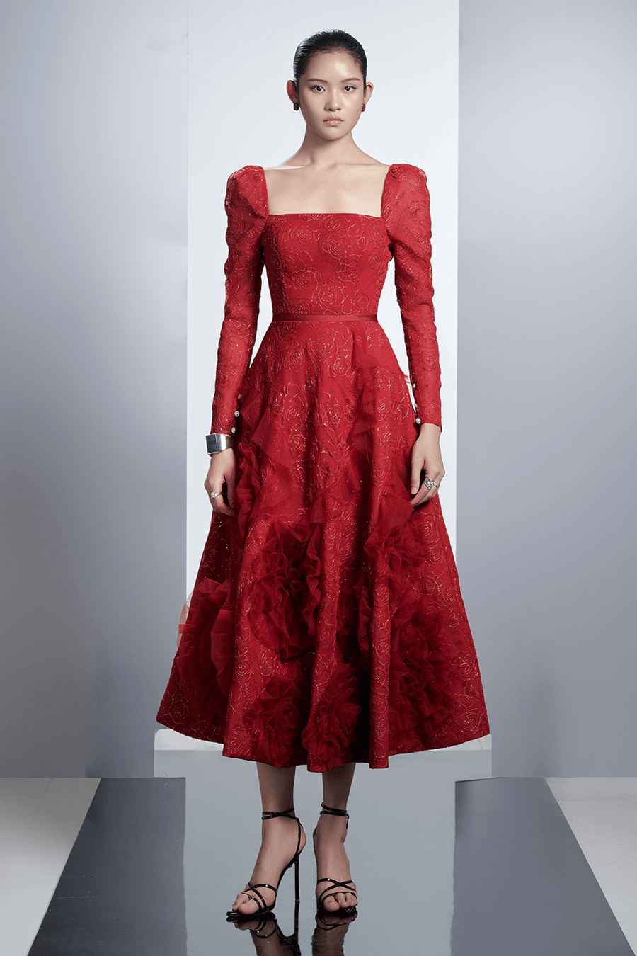 Rosewood Fit and Flare Flower Applique Polyester Midi Dress 5