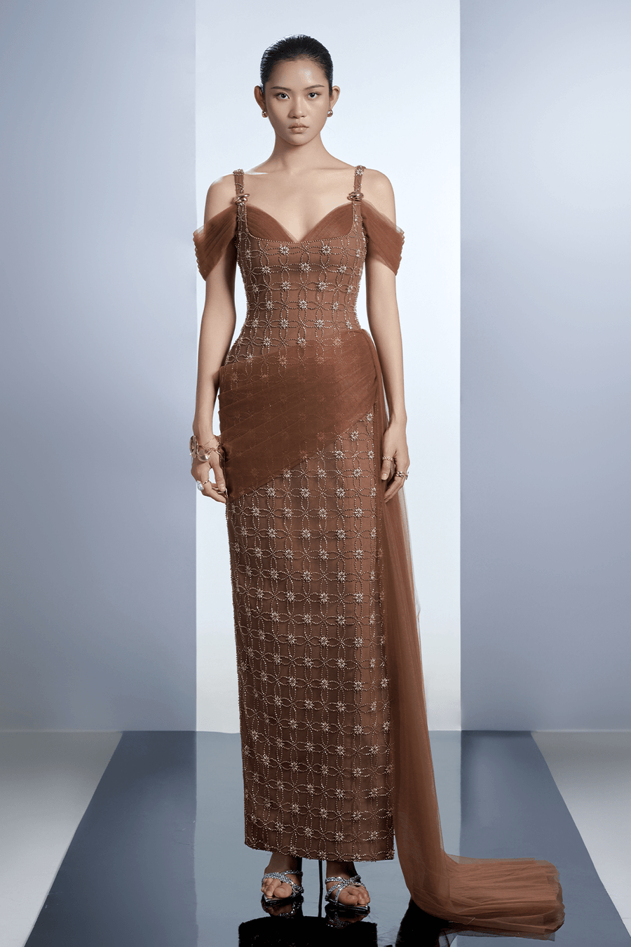 Sienna Sheath Cold Shoulder Sleeved Polyester Maxi Dress 11