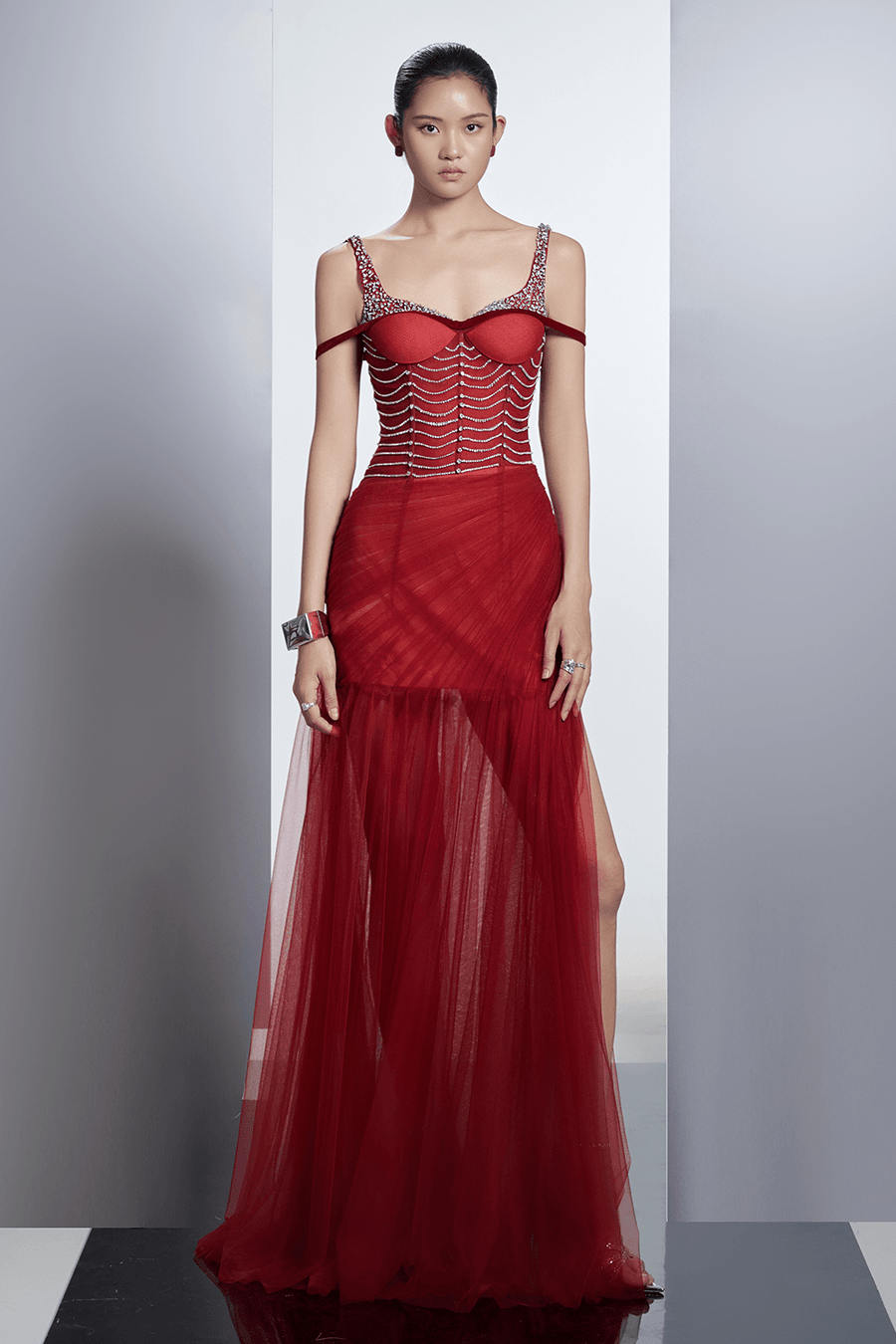 Aureate Drop Waist Semi-Heart Neck Polyester Floor Length Dress 4