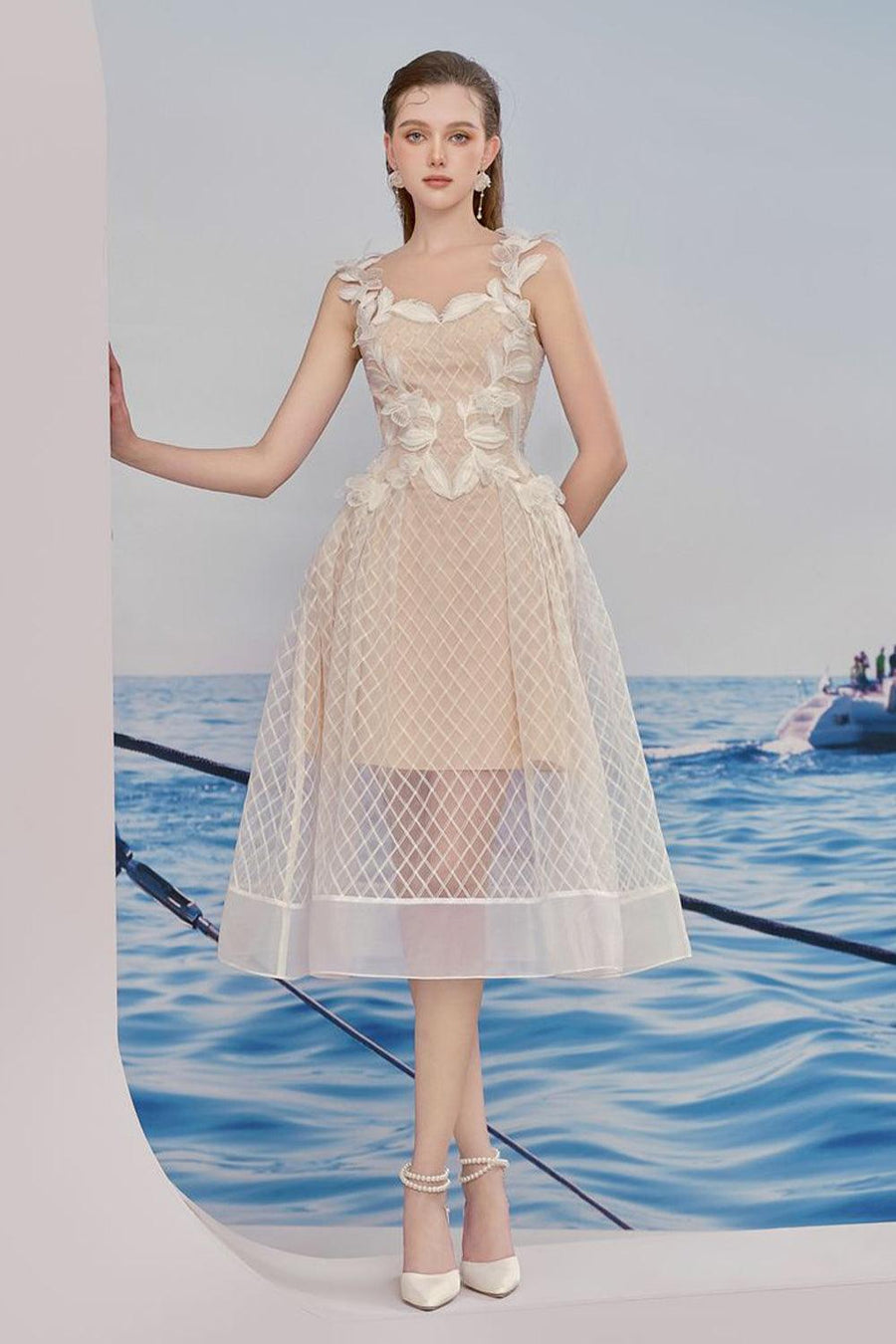 Chloe Fit and Flare Flower Applique Lace Midi Dress Midi Dress Rosee de Matin