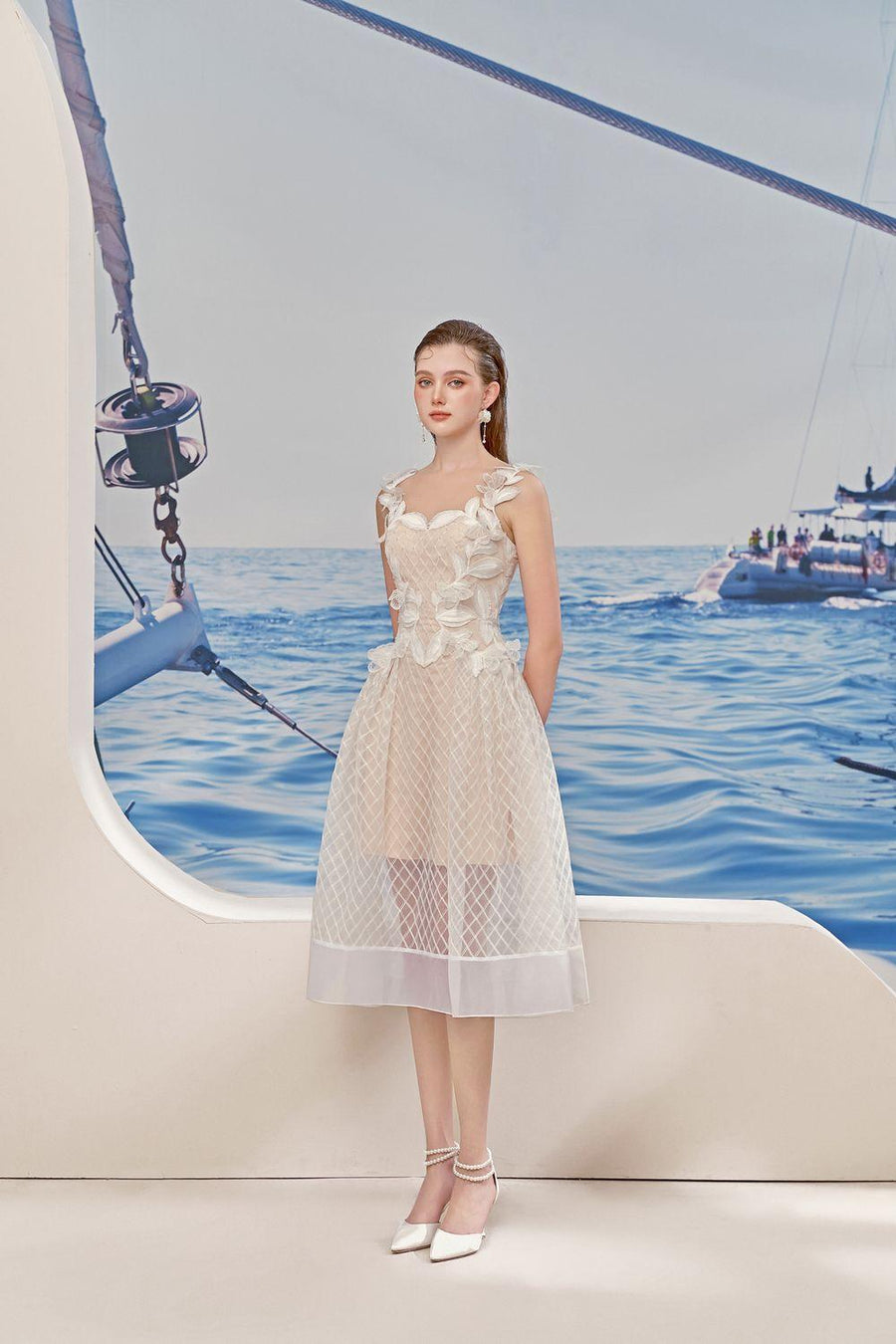 Chloe Fit and Flare Flower Applique Lace Midi Dress Midi Dress Rosee de Matin