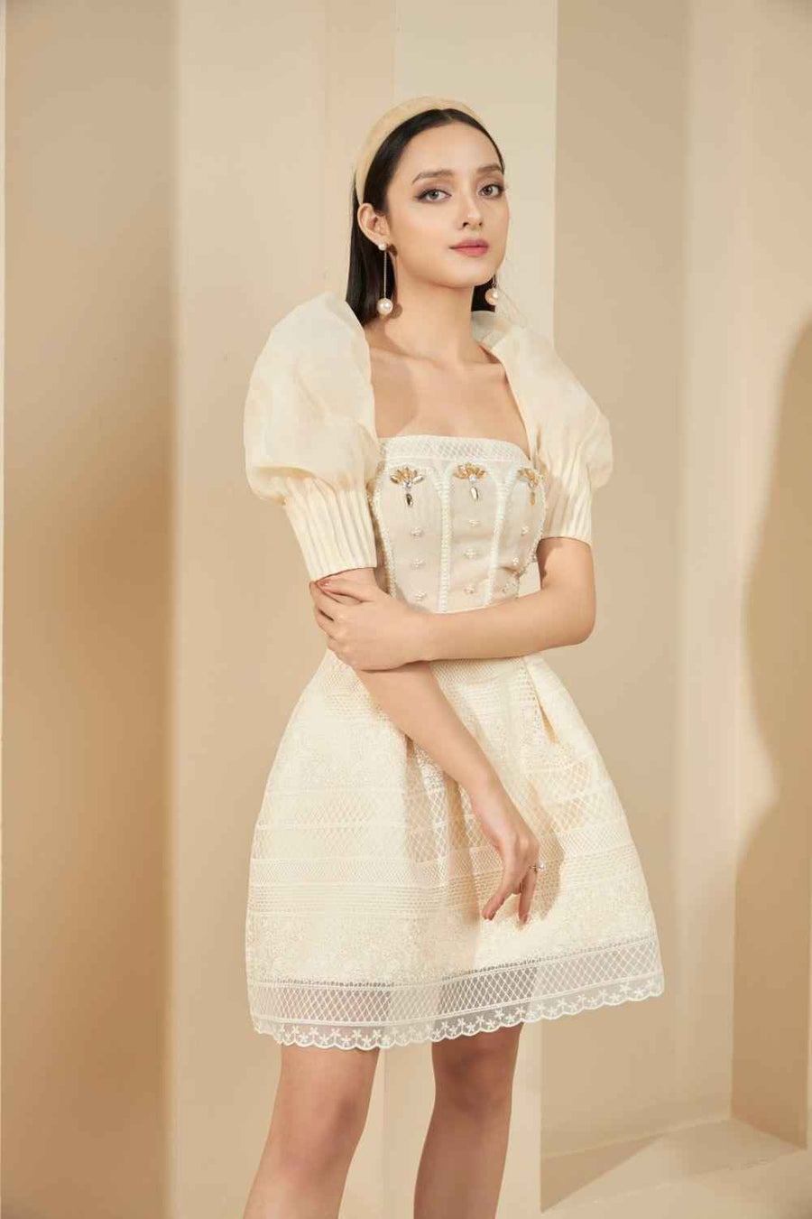 Christina A-line Square Neck Lace Above The Knee Dress