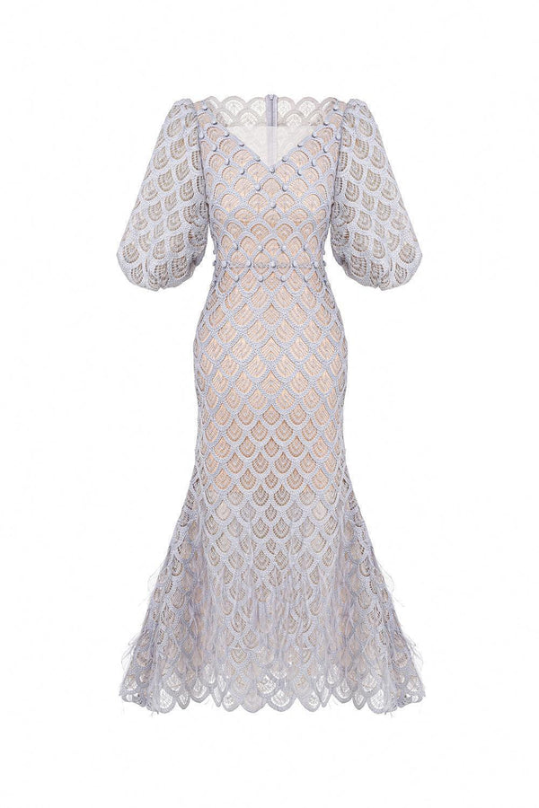 Ciara Trumpet Bishop Sleeved Lace Midi Dress