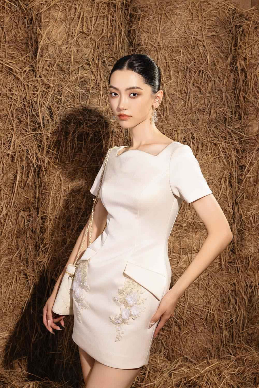 Cindy Pencil Curved Neck Taffeta Mini Dress