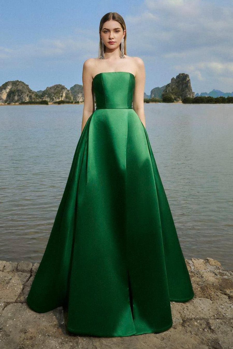 Clara Ball Gown Straight Across Neck Taffeta Maxi Dress 7