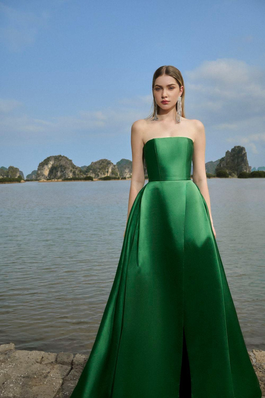 Clara Ball Gown Straight Across Neck Taffeta Maxi Dress 9
