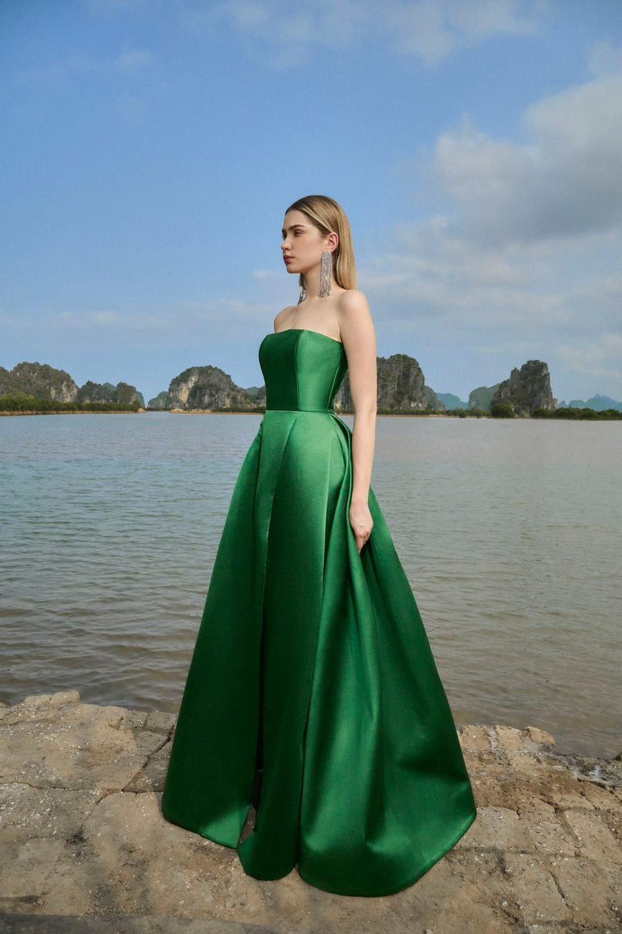 Clara Ball Gown Straight Across Neck Taffeta Maxi Dress 10